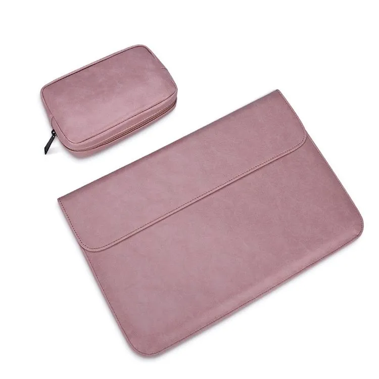14.1 Inch Laptop Inner Bag with Magnetic Buckle and Small Bag - Pink Leather