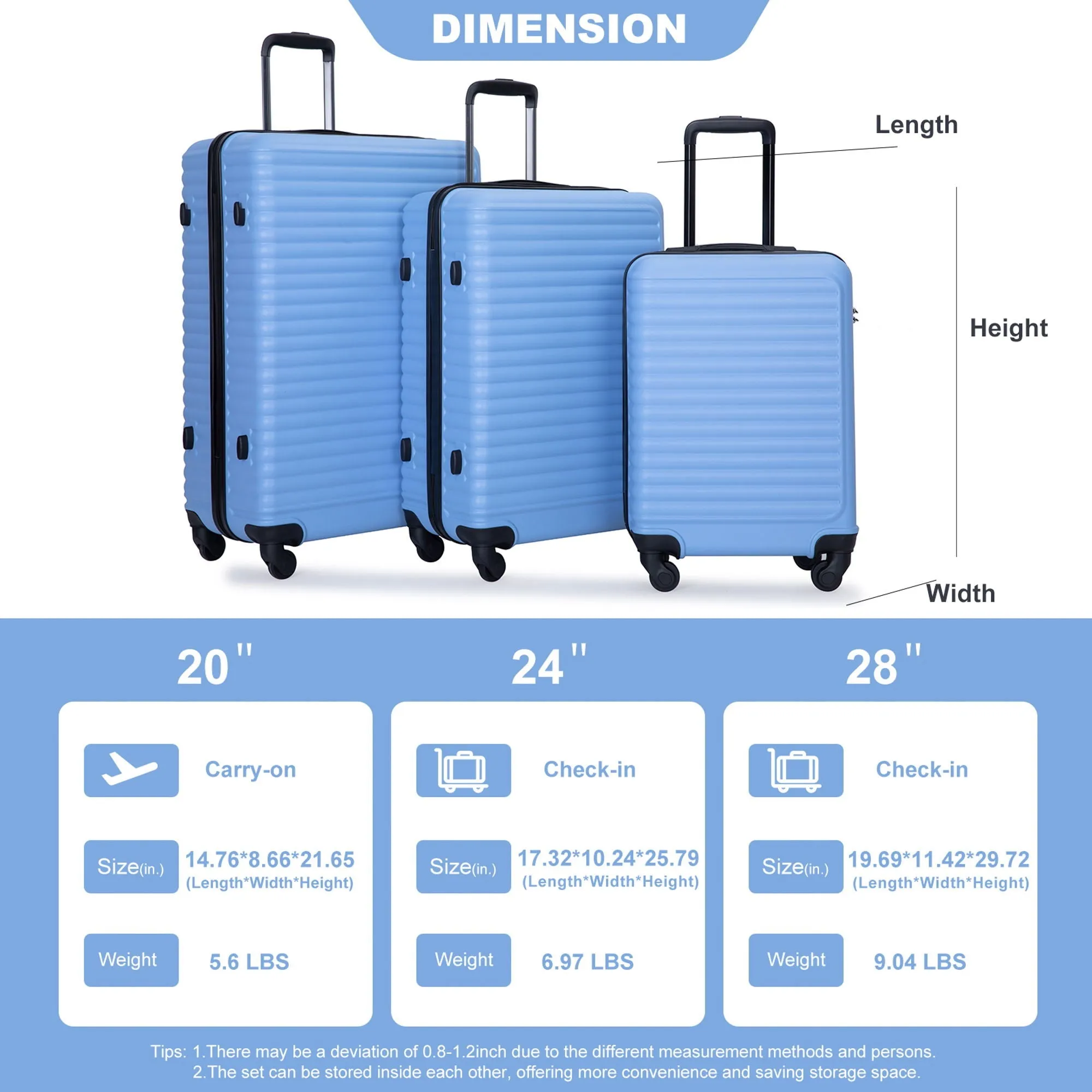 3 Piece Luggage Sets, Lightweight Suitcase With Two Hooks, Spinner Wheels, Tsa Lock by Couch.com